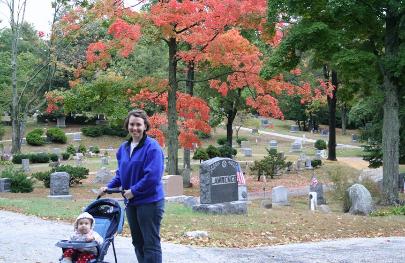 In the Sleepy Hollow Cemetery.  We didn't see as much color as we wanted, although this tree was red.